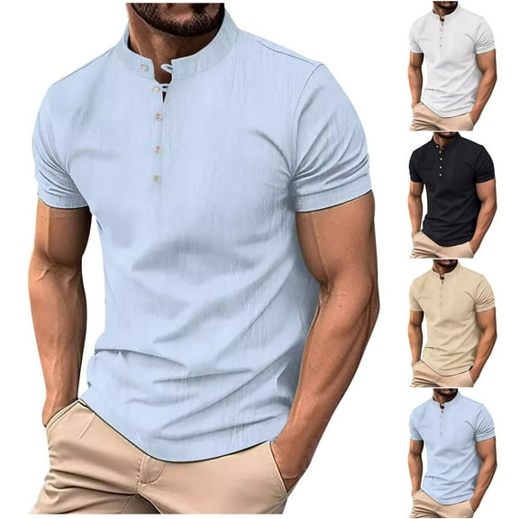 Dovford Men's Linen Henley Shirt Short Sleeve Casual Summer Beach Hippie T Shirts 2025