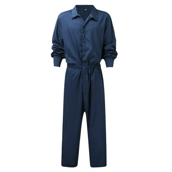 Dovford Men's Long-Sleeve Coverall Solid Lapel Botton Down Cargo Jumpsuit Elastic Waisted Straight Overalls Slim Fit Rompers