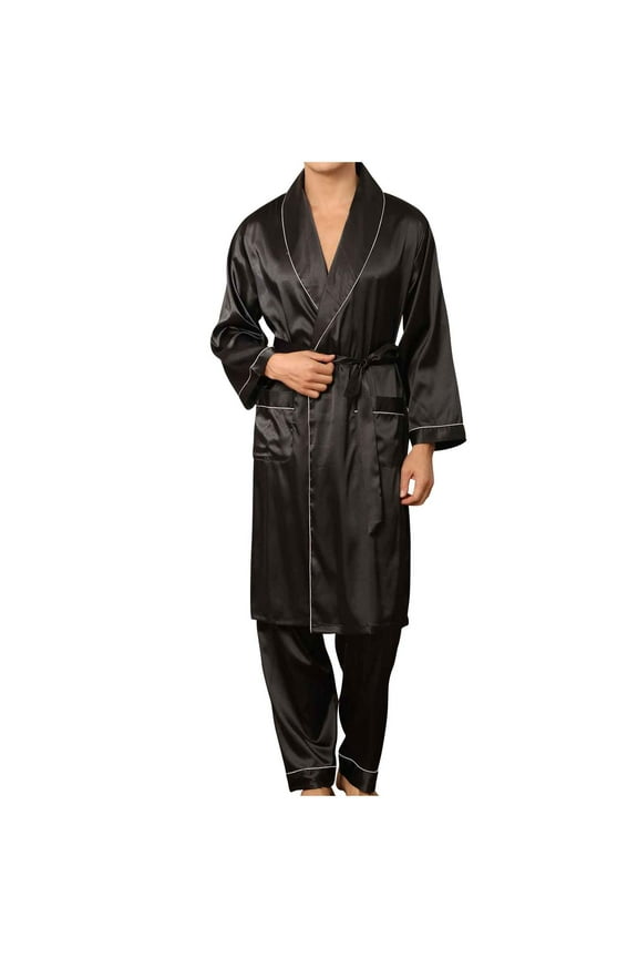 Men's Luxurious Kimono Robe with Long Pants Silk Satin Bathrobes Lightweight Long Sleeve Sleepwear Set 2024