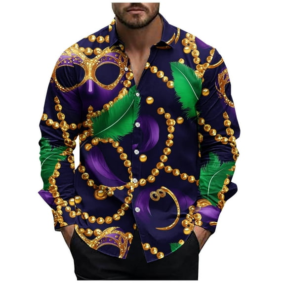 Dovford Men's Mardi Gras Novelty Button Down Long Sleeve Shirt, S-2XL