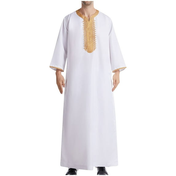 Dovford Men's Muslim Thobe Kaftan Robe Saudi Arabic Middle East Islamic Robes Crew Neck Clothing Ramadan Jubbah Robe