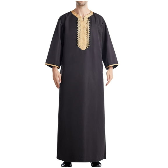 Dovford Men's Muslim Thobe Kaftan Robe Saudi Arabic Middle East Islamic Robes Crew Neck Clothing Ramadan Jubbah Robe
