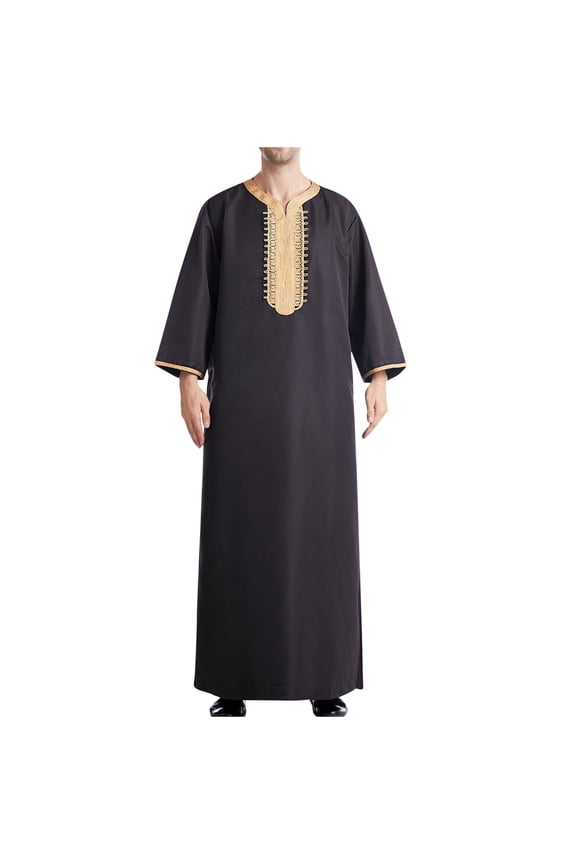 Men's Muslim Thobe Kaftan Robe Saudi Arabic Middle East Islamic Robes Crew Neck Clothing Ramadan Jubbah Robe