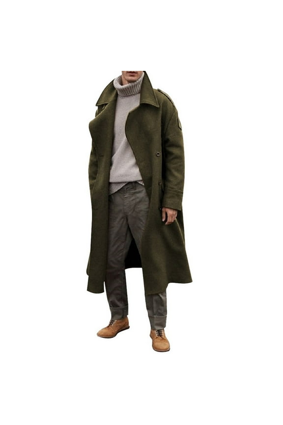 Men's Oversized Notched Long Faux Wool Blend Trench Coat Single Breasted Knee Length Lapel Winter Jacket