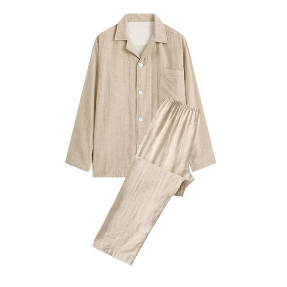 Dovford Men's Pajama Set 100% Cotton Double Gauze Linen Like Soft Button Down Long Sleeve and Long Pants Sleepwear M-XL