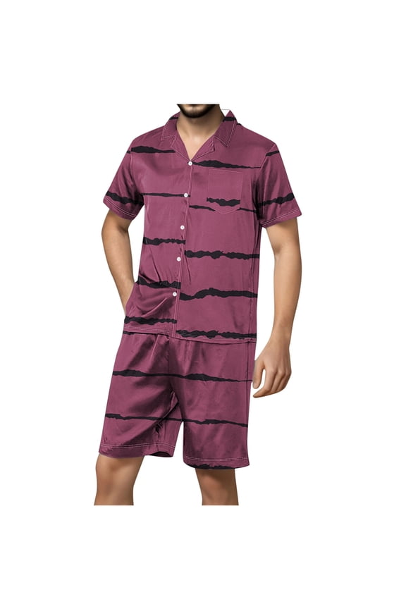 Men's Pajamas Sets Casual Button Down Short Sleeve Shirt Set Striped Printed Shorts Sleepwear Homewear 2 Pieces Summer Fall 2024