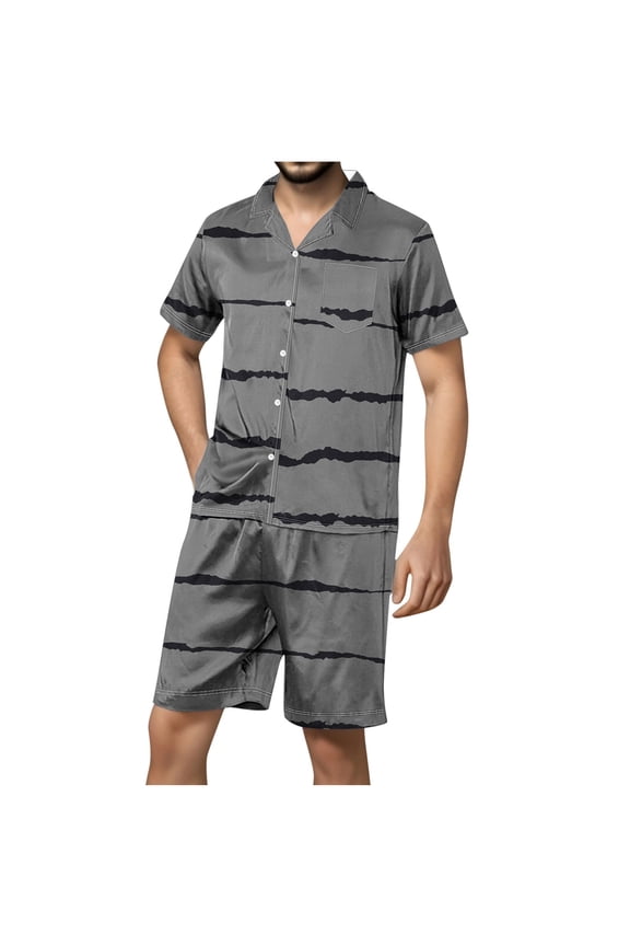 Men's Pajamas Sets Casual Button Down Short Sleeve Shirt Set Striped Printed Shorts Sleepwear Homewear 2 Pieces Summer Fall 2024