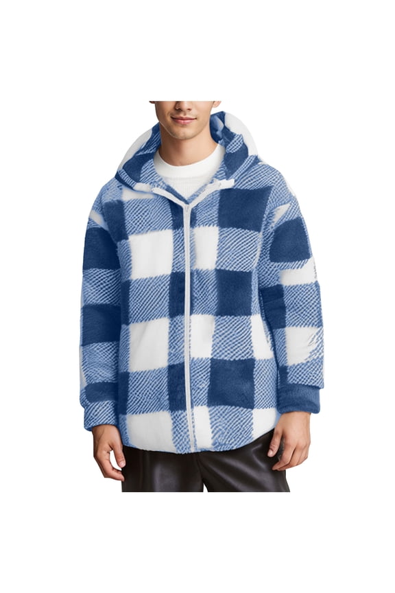Men's Plaid Fleece Jacket Coats Flannel Zipper Sherpa Shacket Outwear Fall Winter Hoodies Teddy Coat With Pockets