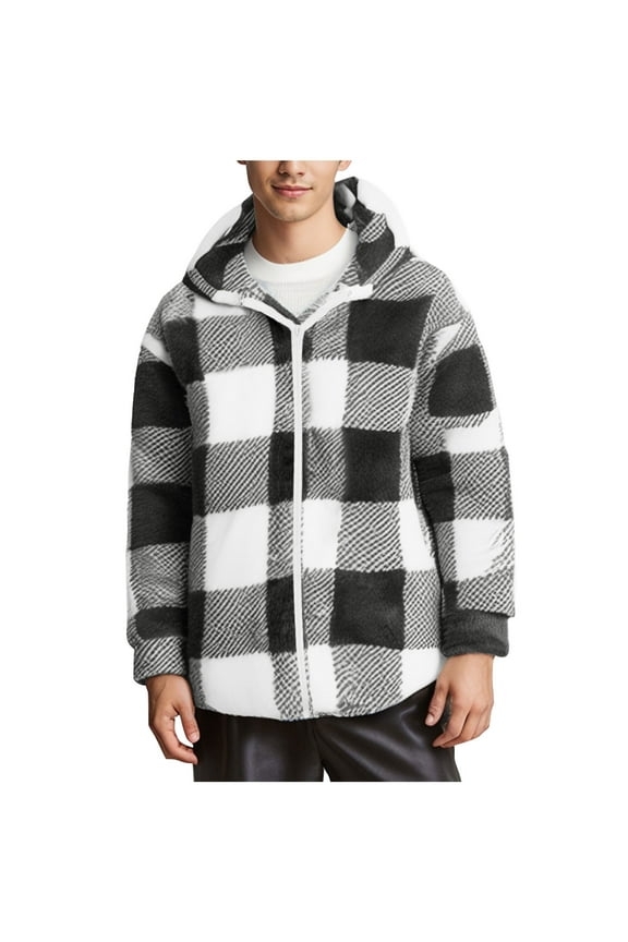Men's Plaid Fleece Jacket Coats Flannel Zipper Sherpa Shacket Outwear Fall Winter Hoodies Teddy Coat With Pockets