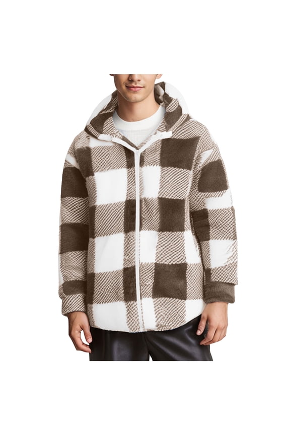 Men's Plaid Fleece Jacket Coats Flannel Zipper Sherpa Shacket Outwear Fall Winter Hoodies Teddy Coat With Pockets
