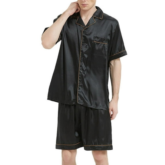 Dovford Men's Satin Pajama Set Short Sleeve Silky Short Pants Button Down Sleepwear Solid Color Silky Men's Pajama Set