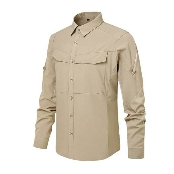 Dovford Men's Shirts Fashion Casual Solid Color Cargo Pockets Zipper Buttons Long Sleeve Turndown Collar Blouse