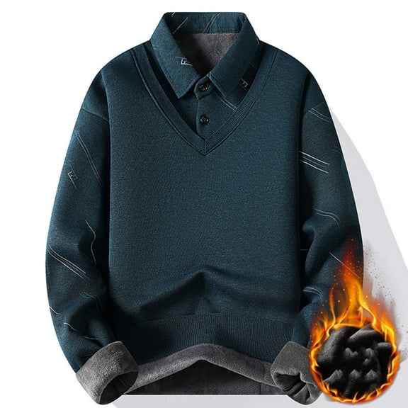 Dovford Men's Shirts Lapel False Two Piece Sweater Knit Sweater Striped Lapel Shirt Long Sleeve Casual Collared T Shirt