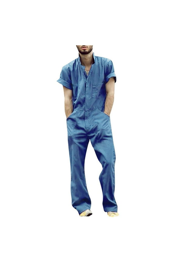 Men's Short Sleeve Coverall Zip Up Lightweight Elastic Waist Workwear Plus Size Summer Trendy Jumpsuit One Piece Overall