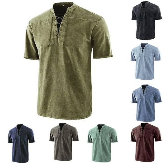 Dovford Men's Short Sleeve T-Shirts, Middle Ages Retro Lace-up V-Neck Costumes Banded Collar Tops