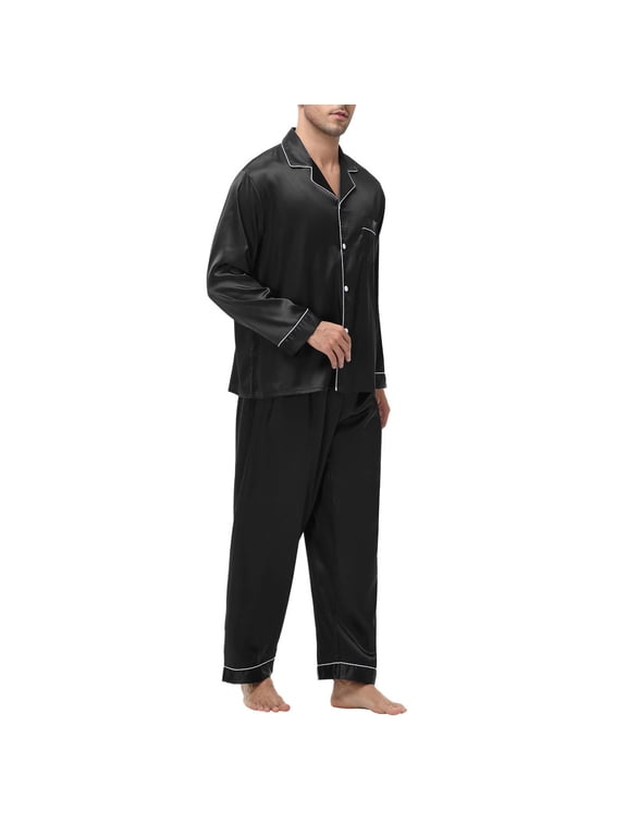 Men's Soft Cotton Knit Jersey Pajamas Lounge Set, Long Sleeve Button Shirt and Long Pants with Pockets