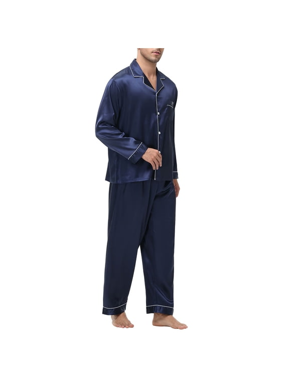 Men's Soft Cotton Knit Jersey Pajamas Lounge Set, Long Sleeve Button Shirt and Long Pants with Pockets