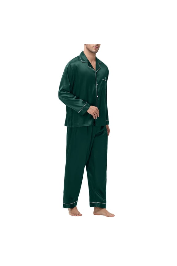Men's Soft Cotton Knit Jersey Pajamas Lounge Set, Long Sleeve Button Shirt and Long Pants with Pockets