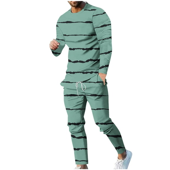 Dovford Men's Striped Two Piece Outfit Loose Fit Plus Size Casual Long Sleeve Crew Neck Shirts and Elastic Waist Pants Sets