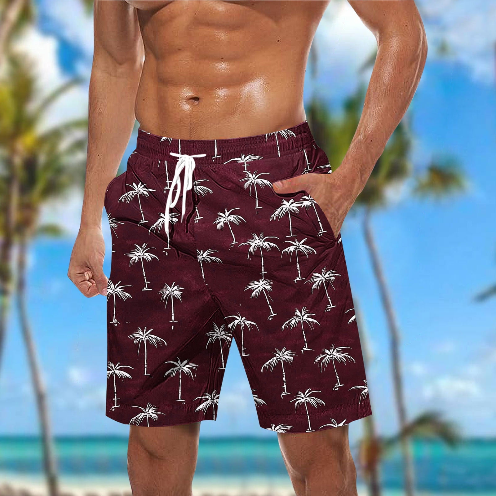 Cauagu Happy Cartoon Star Print Men's Swim Trunks,Hawaiian Bathing Suit Swimsuits Beach Shorts Pockets Men Quick Dry Swimming Board Shorts Large