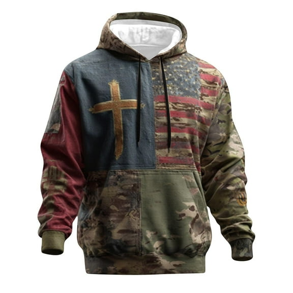 Dovford Men's Vintage Casual American Flag Cross Faith Hoodie, God Worship Long Sleeve Sweatshirt, Retro Love Jesus Christ Tshirt