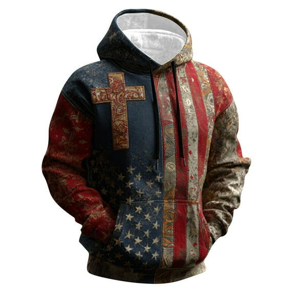Dovford Men's Vintage Casual American Flag Cross Faith Hoodie, God Worship Long Sleeve Sweatshirt, Retro Love Jesus Christ Tshirt