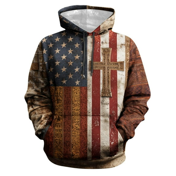 Dovford Men's Vintage Casual American Flag Cross Faith Hoodie, God Worship Long Sleeve Sweatshirt, Retro Love Jesus Christ Tshirt