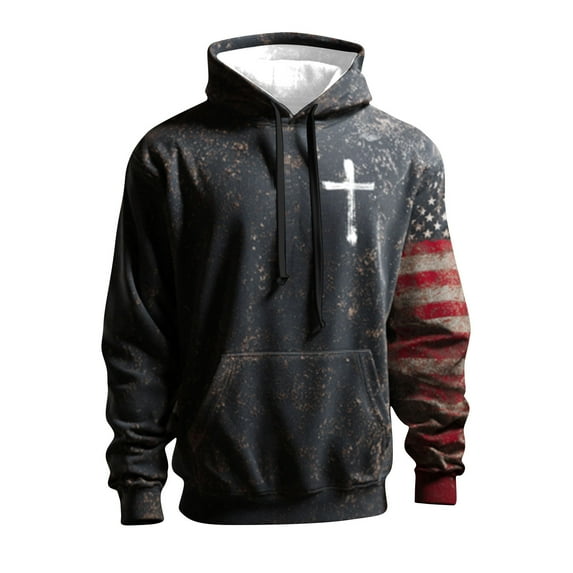 Dovford Men's Vintage Casual American Flag Cross Faith Hoodie, God Worship Long Sleeve Sweatshirt, Retro Love Jesus Christ Tshirt