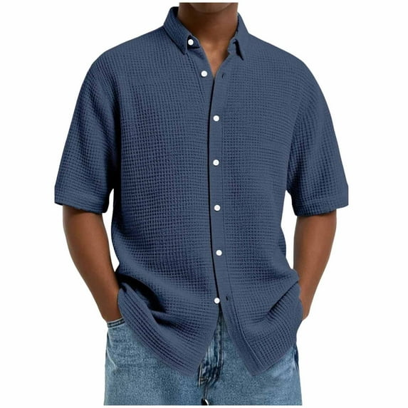 Dovford Men's Waffle Knit Short Sleeve Button Down Shirt Summer Casual Beach Vacation Shirts