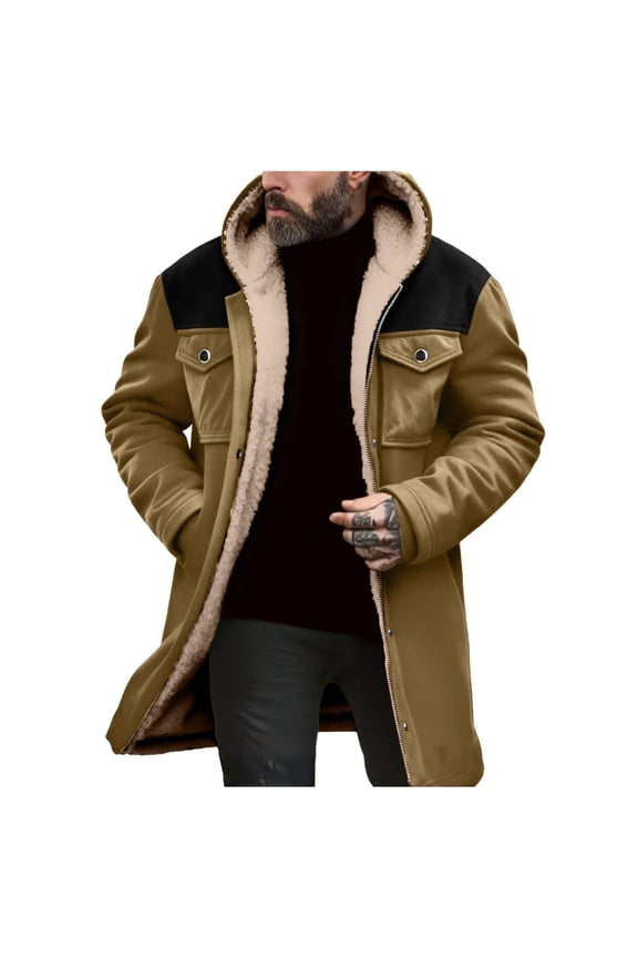 Men's Western Cowboy Vintage Suede Jacket Zip Up Plush Collar Coats Faux Leather Winter Long Jackets with Hooded