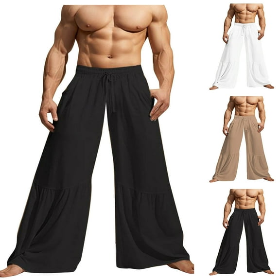 Dovford Men's Wide Leg Palazzo Pants Solid Linen Yoga Lounge Hippie Harem Flowy Trousers