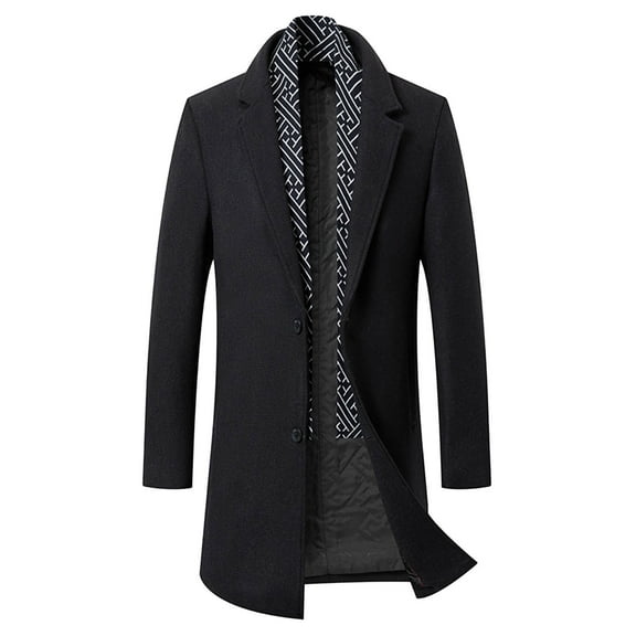 Dovford Men's Winter Trench Coat Long Sleeve Notch Lapel Single Breasted Quilted Cotton Long Overcoat Jacket Wool Pea Coat