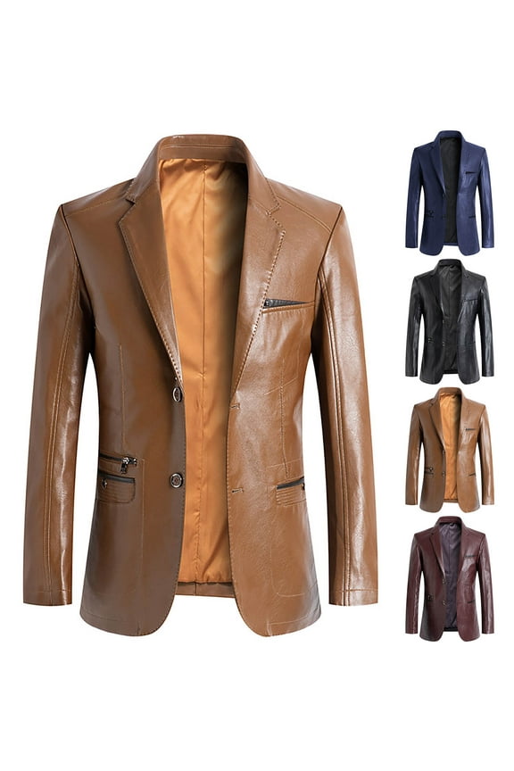 Mens 2 Button Leather Blazer Jacket Faux Leather Sport Suit Coat Regular Fit Lined Business PU Jackets