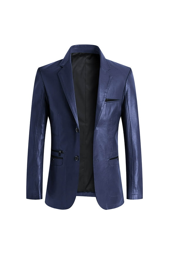 Mens 2 Button Leather Blazer Jacket Faux Leather Sport Suit Coat Regular Fit Lined Business PU Jackets