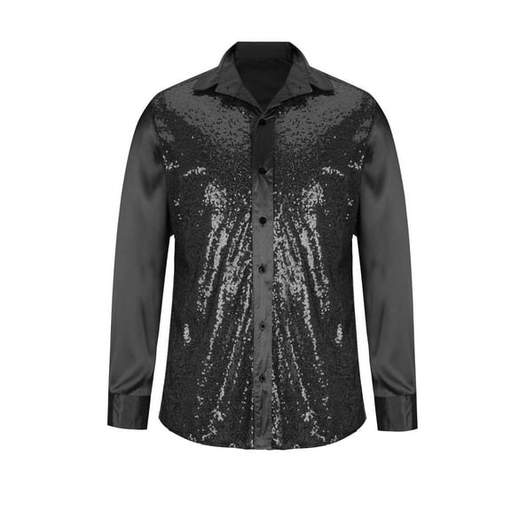 Dovford Mens 70s Disco Shirt Silver Sequins Party Costume Long Sleeve Button Down Shirt