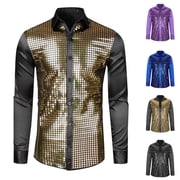 Dovford Mens 70s Disco Shirt Silver Sequins Party Costume Long Sleeve Button Down Shirt