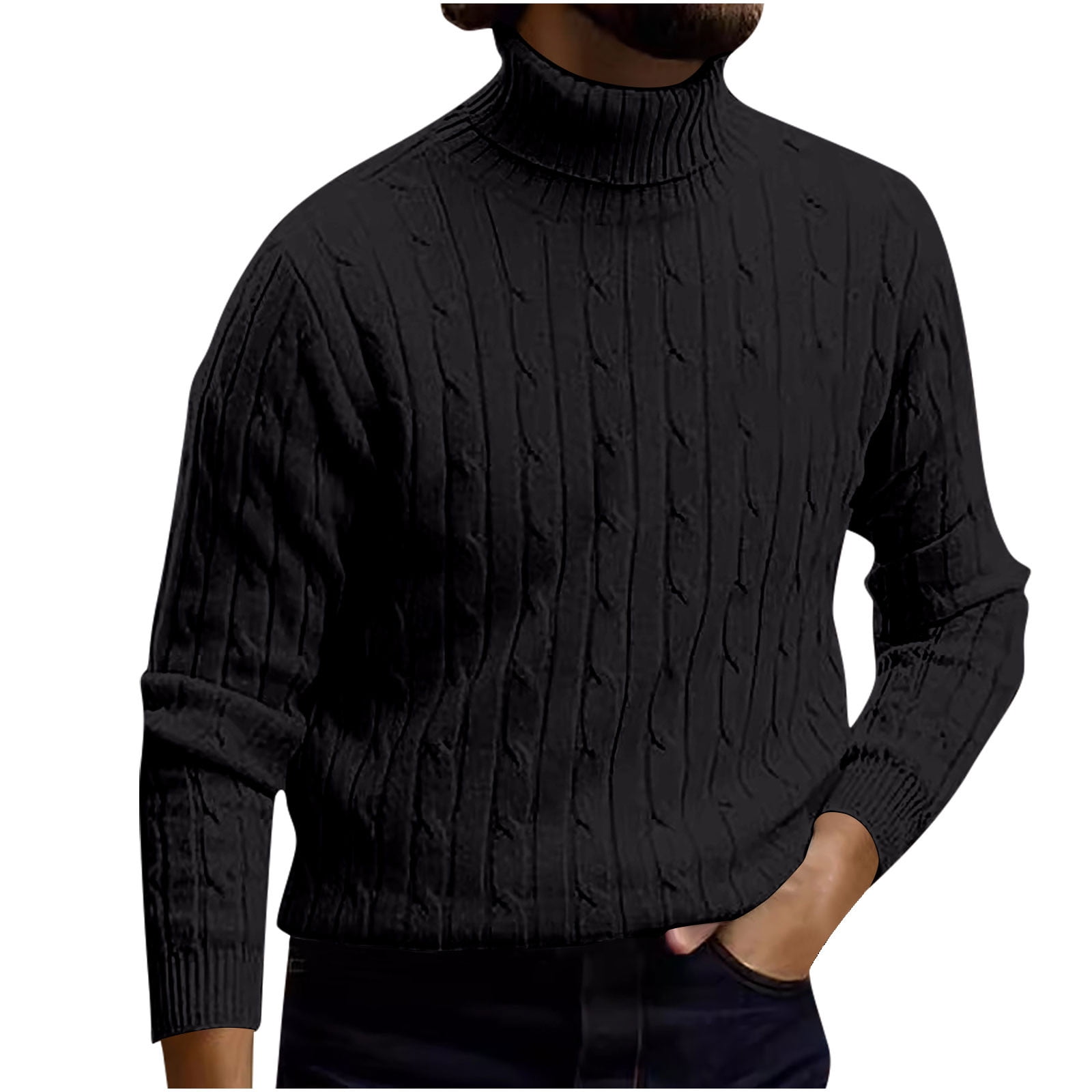 Men's black cable knit turtleneck sweater 2025