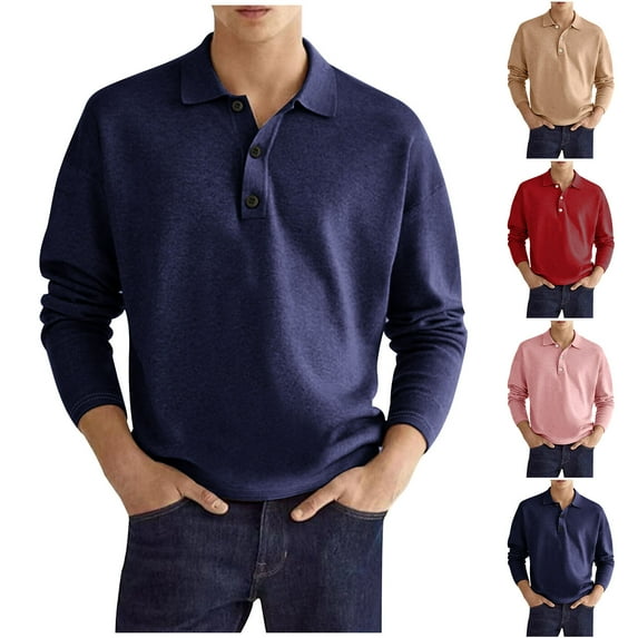 Dovford Mens Casual Knit Polo Shirt Classic Long Sleeve Thermal Basic Button Down Golf Shirts