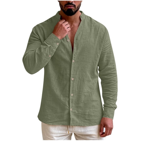 Dovford Mens Casual Linen Shirts 3/4 Sleeve Button Down Banded Collar Summer Beach Shirt