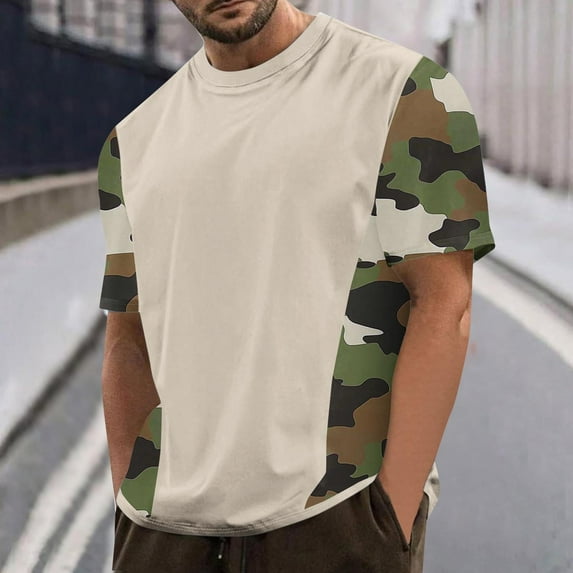 Dovford Mens Casual Short Sleeve Tops Summer Crew Neck Loose T-Shirt Camouflage Colorblock Shirts Cute Tee Clothes Plus Size