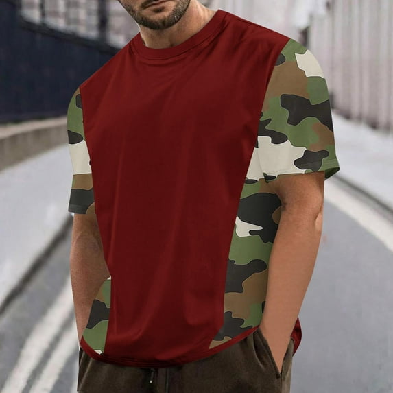 Dovford Mens Casual Short Sleeve Tops Summer Crew Neck Loose T-Shirt Camouflage Colorblock Shirts Cute Tee Clothes Plus Size