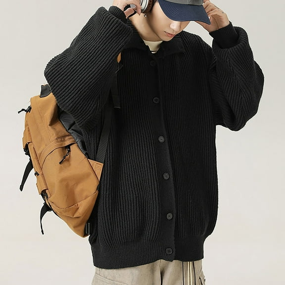 Dovford Mens Collared Cardigan Sweaters Oversized Ribbed Knit Open Front Button Up Bell Sleeve Outwear