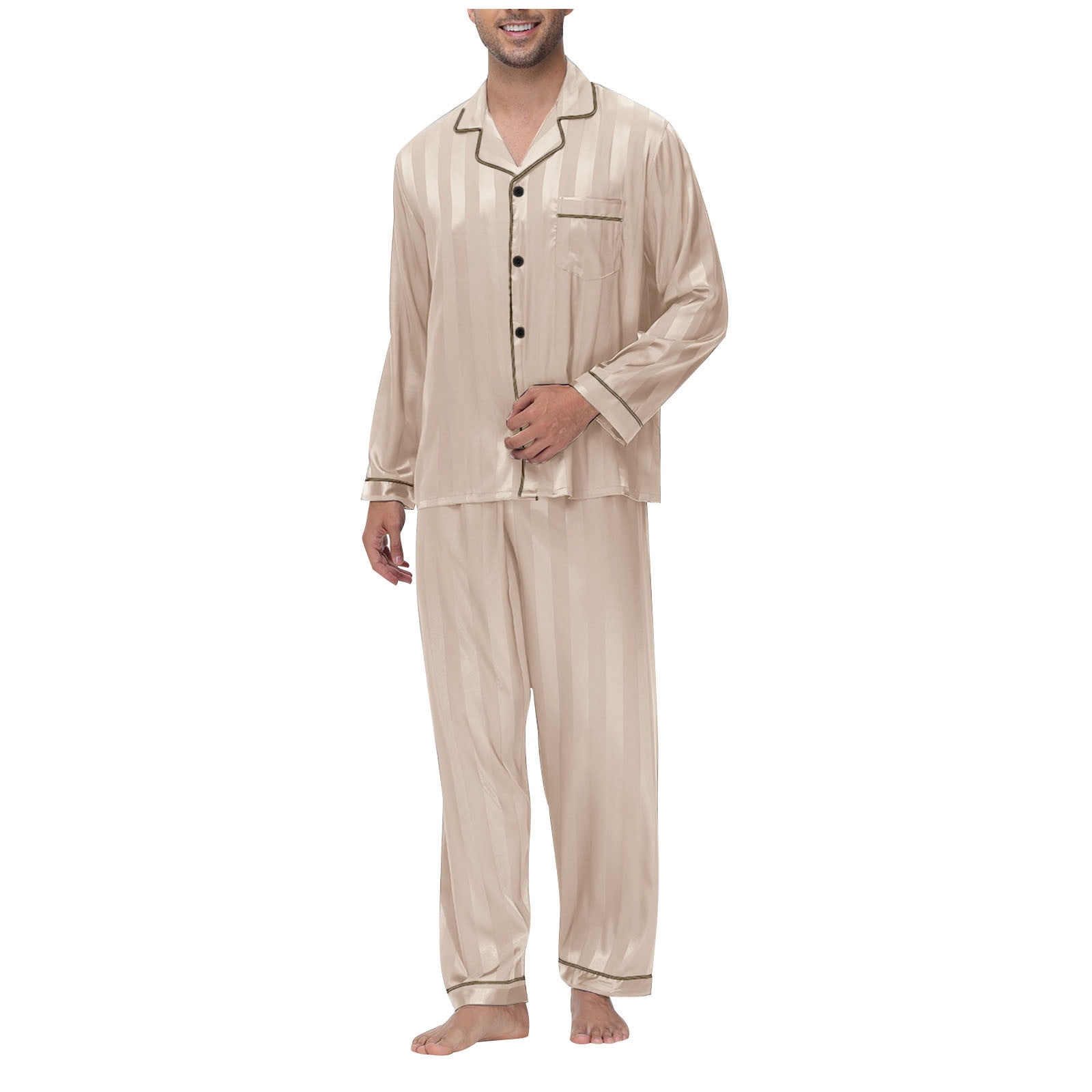 Dovford Mens Cotton Pajama Set, Button Down Collar Lapel Shirt Long ...