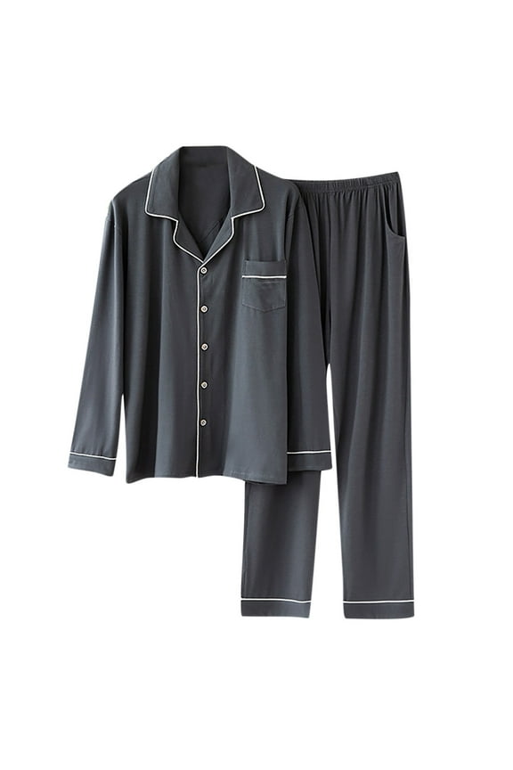 Mens Cotton Pajamas Set Classic Long Sleeved Button Down Shirts and Long Pants Sleepwear Loungewear