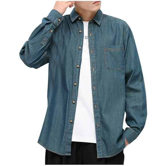 Dovford Mens Denim Shirt Long Sleeve Jean Work Shirts Regular Fit Button Down Shirts with Pockets