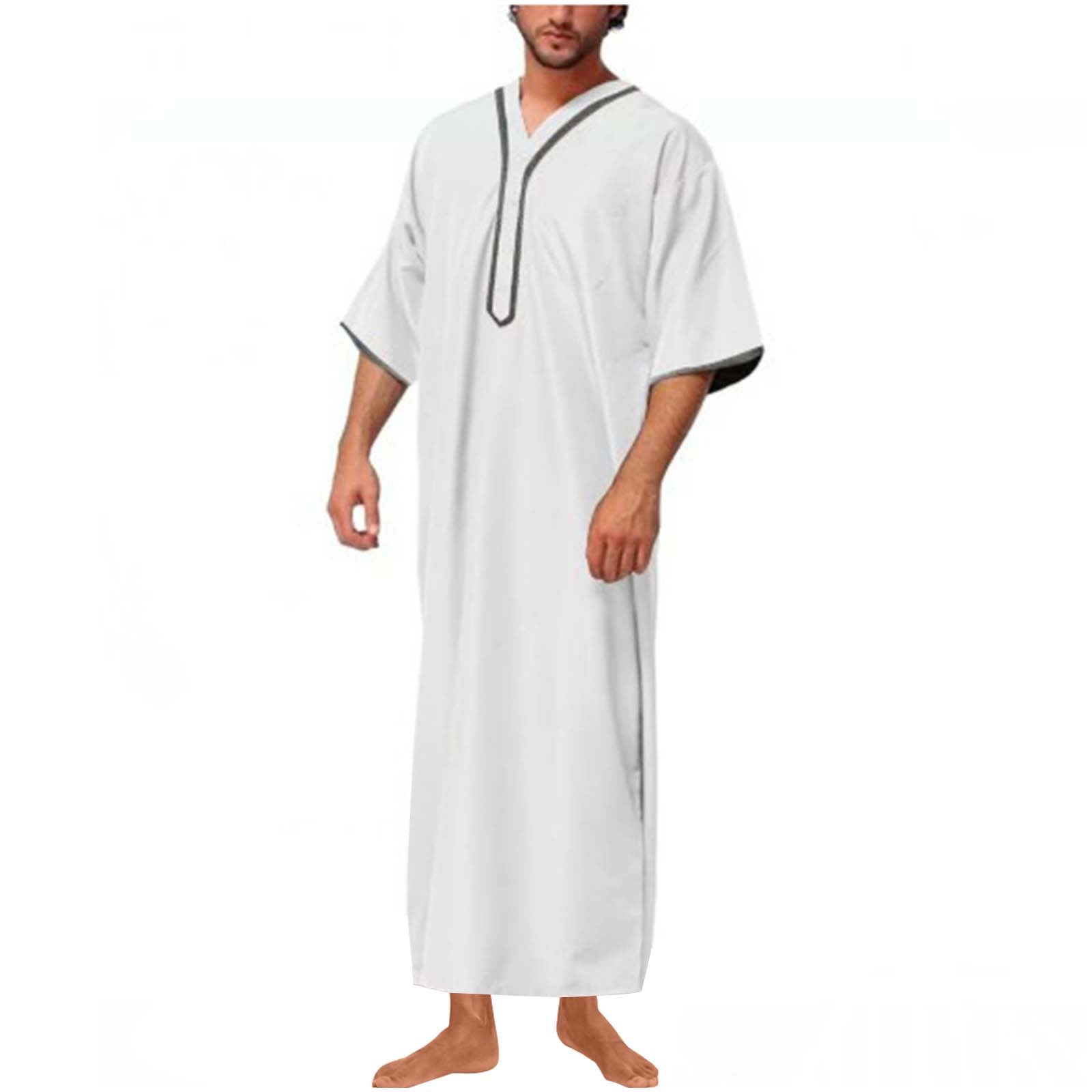 Dovford Mens Embroided V Neck Muslim Thobe Kaftan Robe Islamic Long ...