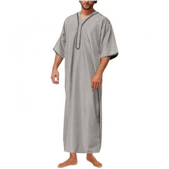 Dovford Mens Embroided V Neck Muslim Thobe Kaftan Robe Islamic Long Gown Long Shirts Middle East Saudi Arabia Robe Ramadan Eid Thobe