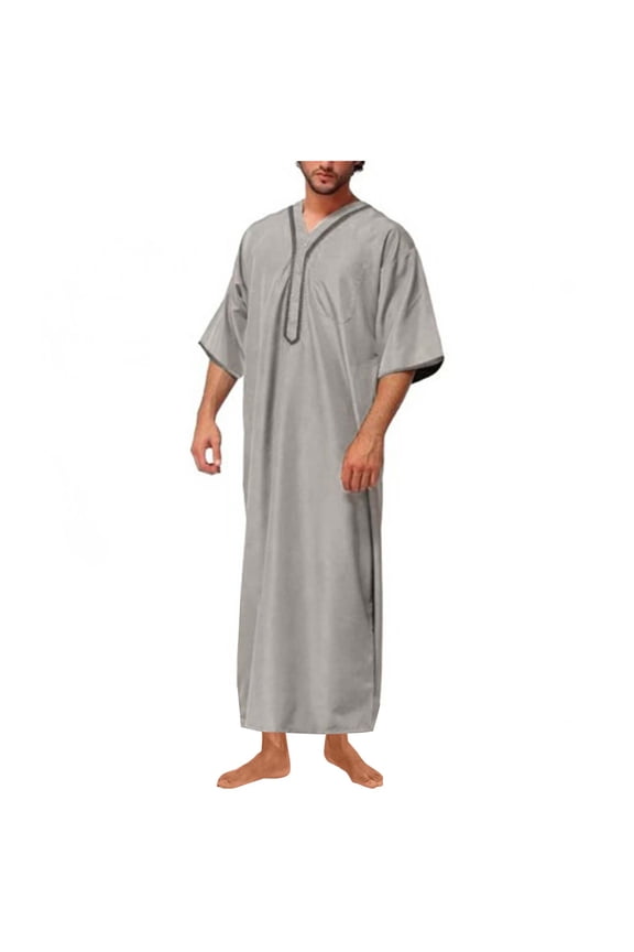 Mens Embroided V Neck Muslim Thobe Kaftan Robe Islamic Long Gown Long Shirts Middle East Saudi Arabia Robe Ramadan Eid Thobe