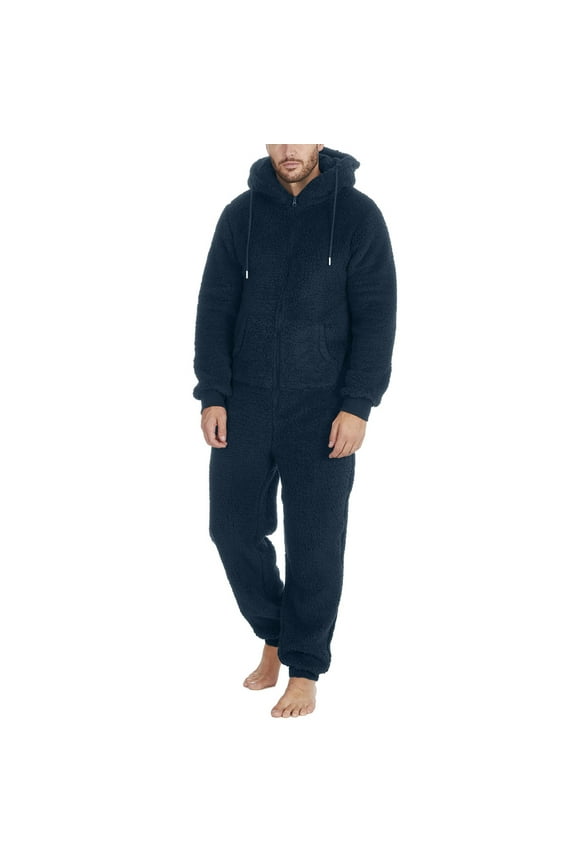 Mens Fuzzy Fleece Hooded Jumpsuits Long Sleeve Zip Up One Piece Plush Pajamas Onesies Big and Tall Overall Rompers