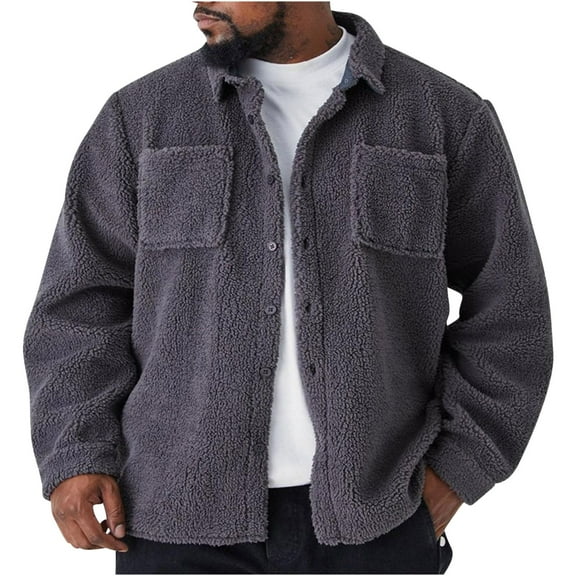 Dovford Mens Fuzzy Sherpa Jacket Fleece Long Sleeve Button Down Coat Fall Winter Warm Outwear